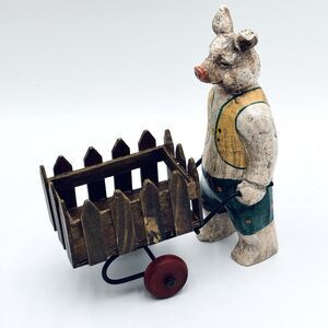 Anthropomorphic Pig Wheelbarrow w Working Wheels Country Cottagecore Farm Figure